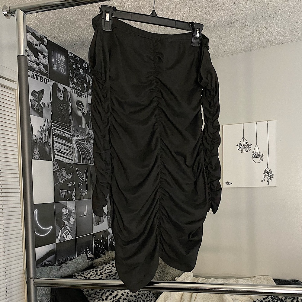ruched off the shoulder black mini dress